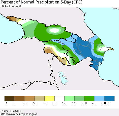 Azerbaijan, Armenia and Georgia Percent of Normal Precipitation 5-Day (CPC) Thematic Map For 6/16/2023 - 6/20/2023