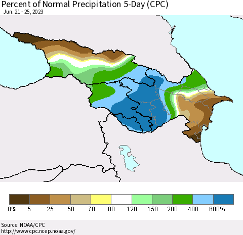 Azerbaijan, Armenia and Georgia Percent of Normal Precipitation 5-Day (CPC) Thematic Map For 6/21/2023 - 6/25/2023