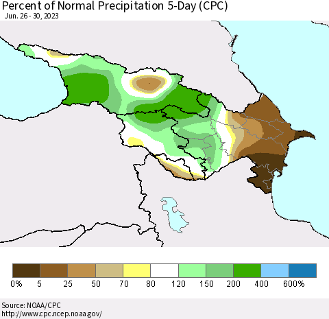 Azerbaijan, Armenia and Georgia Percent of Normal Precipitation 5-Day (CPC) Thematic Map For 6/26/2023 - 6/30/2023