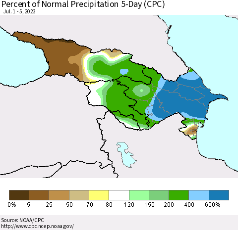 Azerbaijan, Armenia and Georgia Percent of Normal Precipitation 5-Day (CPC) Thematic Map For 7/1/2023 - 7/5/2023