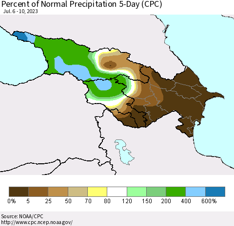 Azerbaijan, Armenia and Georgia Percent of Normal Precipitation 5-Day (CPC) Thematic Map For 7/6/2023 - 7/10/2023