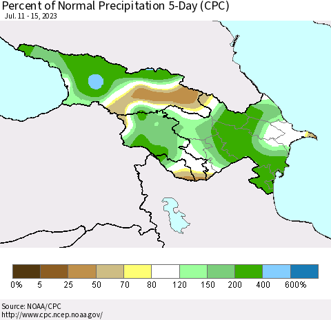 Azerbaijan, Armenia and Georgia Percent of Normal Precipitation 5-Day (CPC) Thematic Map For 7/11/2023 - 7/15/2023