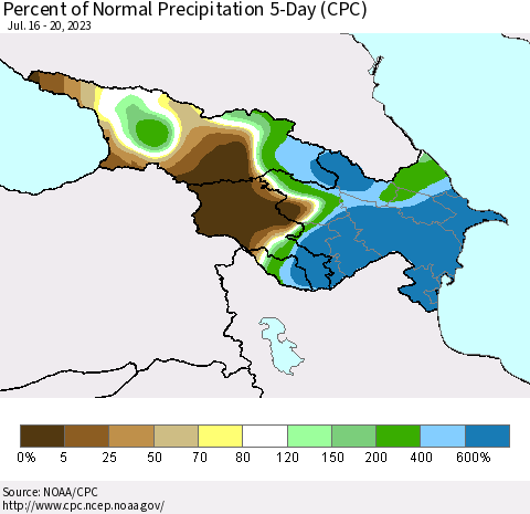 Azerbaijan, Armenia and Georgia Percent of Normal Precipitation 5-Day (CPC) Thematic Map For 7/16/2023 - 7/20/2023