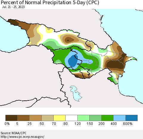 Azerbaijan, Armenia and Georgia Percent of Normal Precipitation 5-Day (CPC) Thematic Map For 7/21/2023 - 7/25/2023