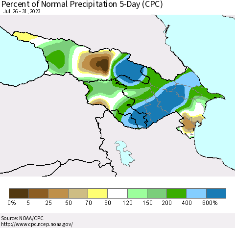 Azerbaijan, Armenia and Georgia Percent of Normal Precipitation 5-Day (CPC) Thematic Map For 7/26/2023 - 7/31/2023