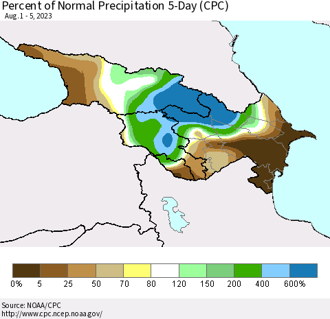 Azerbaijan, Armenia and Georgia Percent of Normal Precipitation 5-Day (CPC) Thematic Map For 8/1/2023 - 8/5/2023