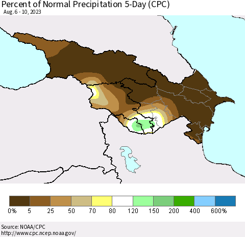 Azerbaijan, Armenia and Georgia Percent of Normal Precipitation 5-Day (CPC) Thematic Map For 8/6/2023 - 8/10/2023