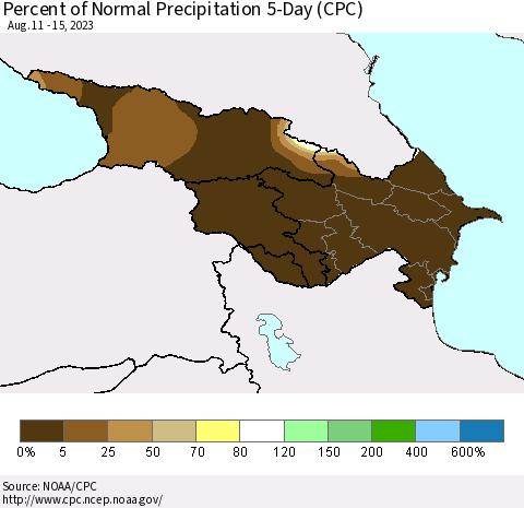 Azerbaijan, Armenia and Georgia Percent of Normal Precipitation 5-Day (CPC) Thematic Map For 8/11/2023 - 8/15/2023