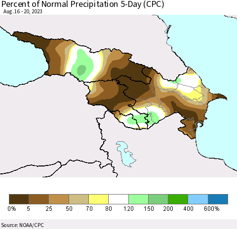 Azerbaijan, Armenia and Georgia Percent of Normal Precipitation 5-Day (CPC) Thematic Map For 8/16/2023 - 8/20/2023