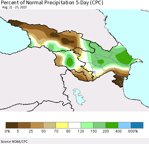 Azerbaijan, Armenia and Georgia Percent of Normal Precipitation 5-Day (CPC) Thematic Map For 8/21/2023 - 8/25/2023