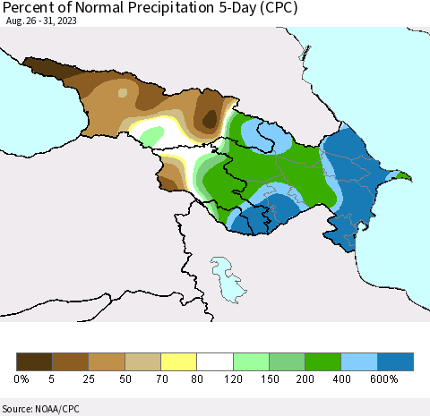 Azerbaijan, Armenia and Georgia Percent of Normal Precipitation 5-Day (CPC) Thematic Map For 8/26/2023 - 8/31/2023