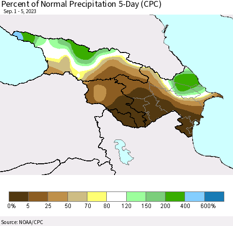 Azerbaijan, Armenia and Georgia Percent of Normal Precipitation 5-Day (CPC) Thematic Map For 9/1/2023 - 9/5/2023