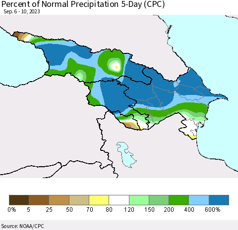 Azerbaijan, Armenia and Georgia Percent of Normal Precipitation 5-Day (CPC) Thematic Map For 9/6/2023 - 9/10/2023