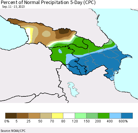 Azerbaijan, Armenia and Georgia Percent of Normal Precipitation 5-Day (CPC) Thematic Map For 9/11/2023 - 9/15/2023
