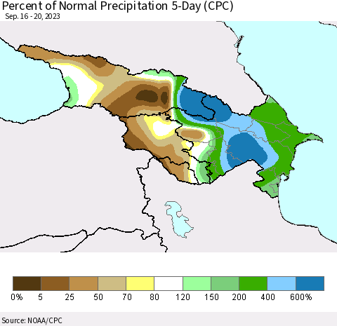 Azerbaijan, Armenia and Georgia Percent of Normal Precipitation 5-Day (CPC) Thematic Map For 9/16/2023 - 9/20/2023