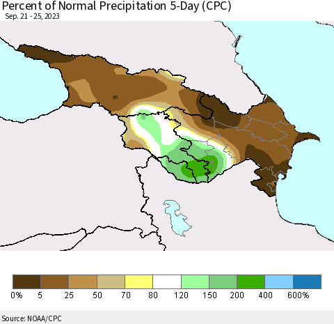 Azerbaijan, Armenia and Georgia Percent of Normal Precipitation 5-Day (CPC) Thematic Map For 9/21/2023 - 9/25/2023