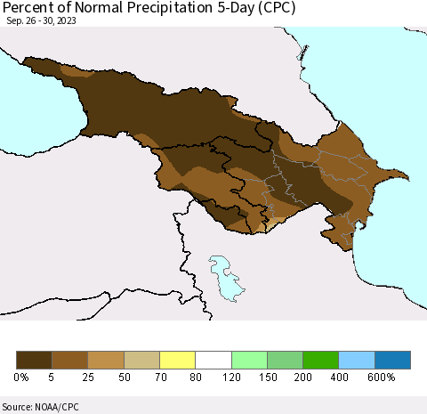 Azerbaijan, Armenia and Georgia Percent of Normal Precipitation 5-Day (CPC) Thematic Map For 9/26/2023 - 9/30/2023