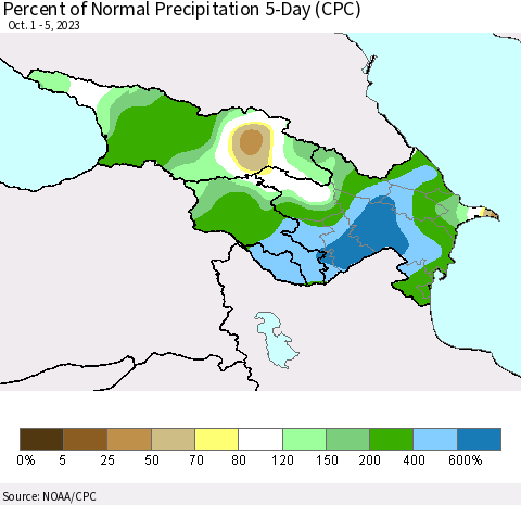 Azerbaijan, Armenia and Georgia Percent of Normal Precipitation 5-Day (CPC) Thematic Map For 10/1/2023 - 10/5/2023