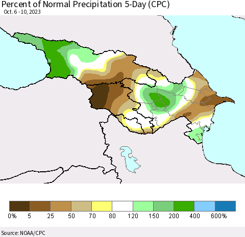 Azerbaijan, Armenia and Georgia Percent of Normal Precipitation 5-Day (CPC) Thematic Map For 10/6/2023 - 10/10/2023