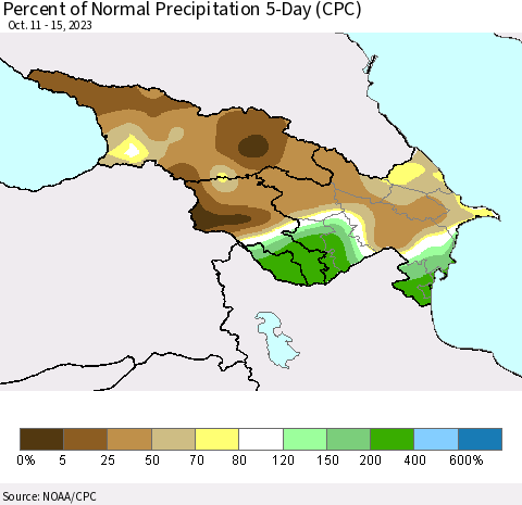 Azerbaijan, Armenia and Georgia Percent of Normal Precipitation 5-Day (CPC) Thematic Map For 10/11/2023 - 10/15/2023