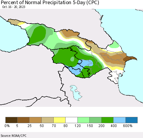 Azerbaijan, Armenia and Georgia Percent of Normal Precipitation 5-Day (CPC) Thematic Map For 10/16/2023 - 10/20/2023
