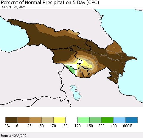 Azerbaijan, Armenia and Georgia Percent of Normal Precipitation 5-Day (CPC) Thematic Map For 10/21/2023 - 10/25/2023