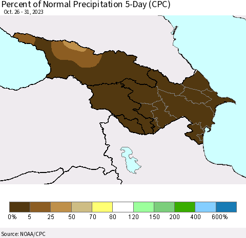Azerbaijan, Armenia and Georgia Percent of Normal Precipitation 5-Day (CPC) Thematic Map For 10/26/2023 - 10/31/2023