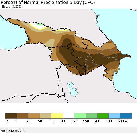 Azerbaijan, Armenia and Georgia Percent of Normal Precipitation 5-Day (CPC) Thematic Map For 11/1/2023 - 11/5/2023