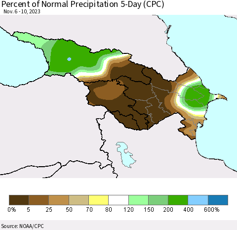 Azerbaijan, Armenia and Georgia Percent of Normal Precipitation 5-Day (CPC) Thematic Map For 11/6/2023 - 11/10/2023