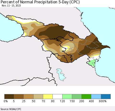 Azerbaijan, Armenia and Georgia Percent of Normal Precipitation 5-Day (CPC) Thematic Map For 11/11/2023 - 11/15/2023