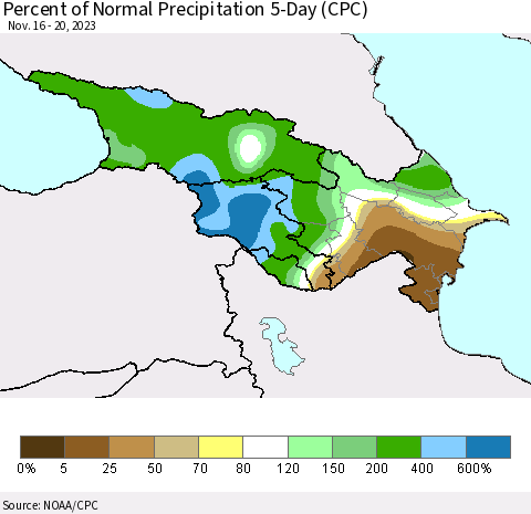 Azerbaijan, Armenia and Georgia Percent of Normal Precipitation 5-Day (CPC) Thematic Map For 11/16/2023 - 11/20/2023