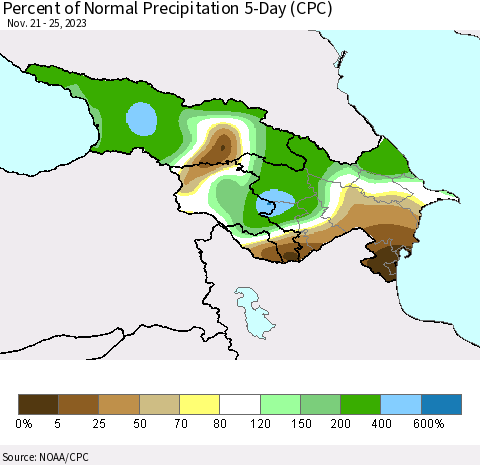Azerbaijan, Armenia and Georgia Percent of Normal Precipitation 5-Day (CPC) Thematic Map For 11/21/2023 - 11/25/2023