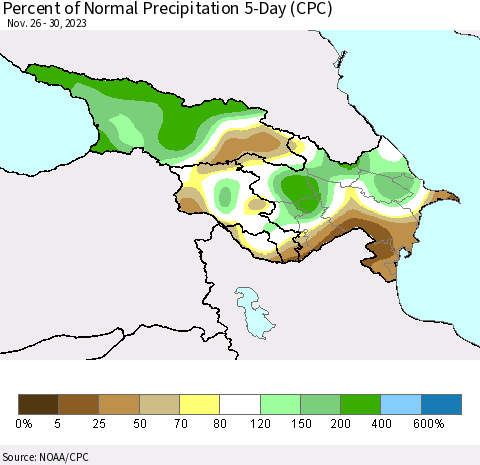 Azerbaijan, Armenia and Georgia Percent of Normal Precipitation 5-Day (CPC) Thematic Map For 11/26/2023 - 11/30/2023