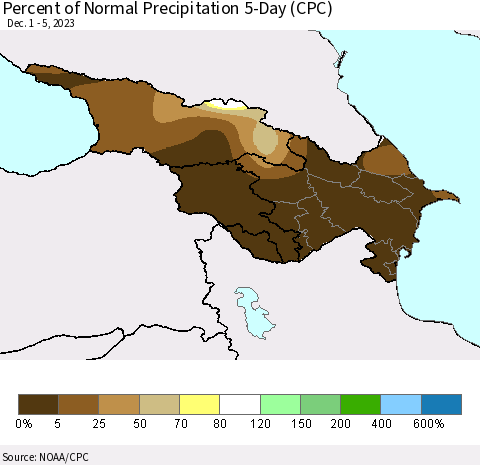 Azerbaijan, Armenia and Georgia Percent of Normal Precipitation 5-Day (CPC) Thematic Map For 12/1/2023 - 12/5/2023