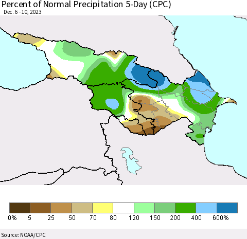 Azerbaijan, Armenia and Georgia Percent of Normal Precipitation 5-Day (CPC) Thematic Map For 12/6/2023 - 12/10/2023