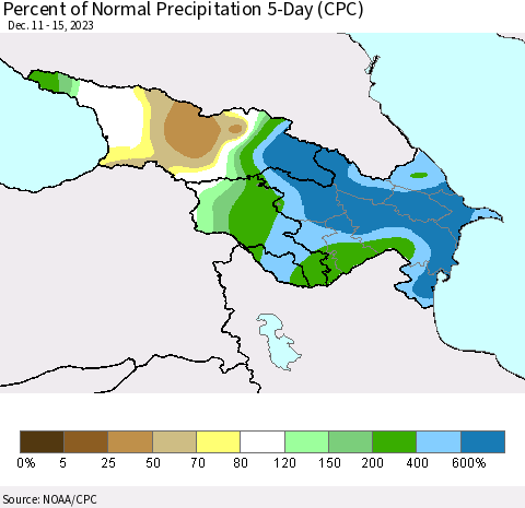 Azerbaijan, Armenia and Georgia Percent of Normal Precipitation 5-Day (CPC) Thematic Map For 12/11/2023 - 12/15/2023