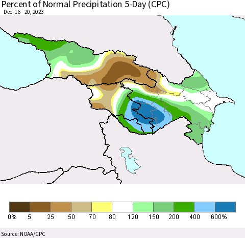 Azerbaijan, Armenia and Georgia Percent of Normal Precipitation 5-Day (CPC) Thematic Map For 12/16/2023 - 12/20/2023