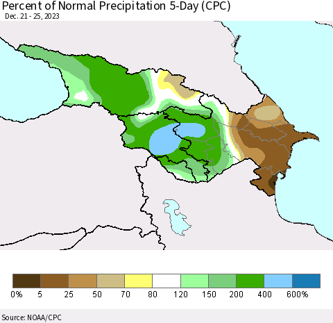 Azerbaijan, Armenia and Georgia Percent of Normal Precipitation 5-Day (CPC) Thematic Map For 12/21/2023 - 12/25/2023