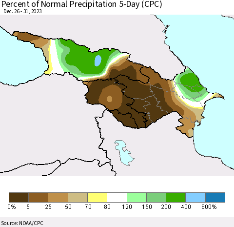 Azerbaijan, Armenia and Georgia Percent of Normal Precipitation 5-Day (CPC) Thematic Map For 12/26/2023 - 12/31/2023