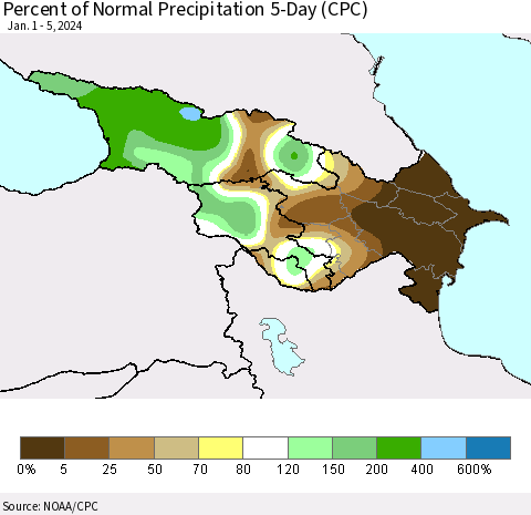 Azerbaijan, Armenia and Georgia Percent of Normal Precipitation 5-Day (CPC) Thematic Map For 1/1/2024 - 1/5/2024