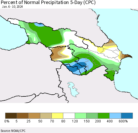 Azerbaijan, Armenia and Georgia Percent of Normal Precipitation 5-Day (CPC) Thematic Map For 1/6/2024 - 1/10/2024