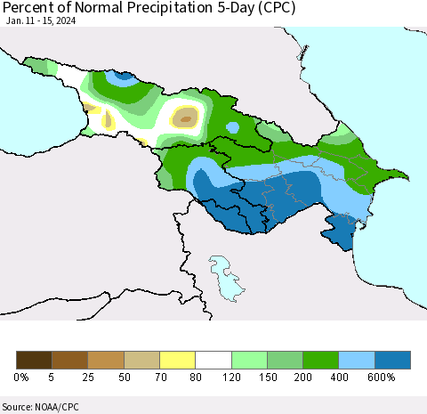 Azerbaijan, Armenia and Georgia Percent of Normal Precipitation 5-Day (CPC) Thematic Map For 1/11/2024 - 1/15/2024