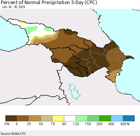 Azerbaijan, Armenia and Georgia Percent of Normal Precipitation 5-Day (CPC) Thematic Map For 1/16/2024 - 1/20/2024