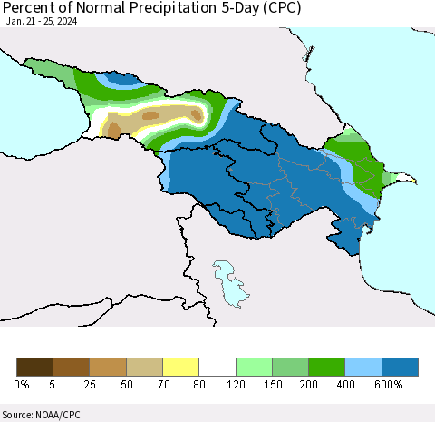 Azerbaijan, Armenia and Georgia Percent of Normal Precipitation 5-Day (CPC) Thematic Map For 1/21/2024 - 1/25/2024