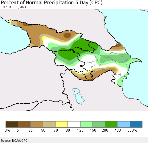 Azerbaijan, Armenia and Georgia Percent of Normal Precipitation 5-Day (CPC) Thematic Map For 1/26/2024 - 1/31/2024