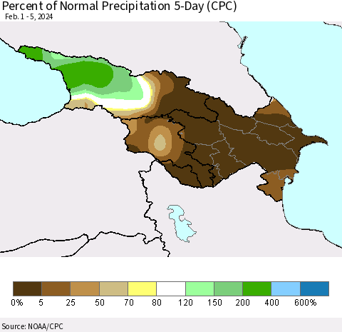 Azerbaijan, Armenia and Georgia Percent of Normal Precipitation 5-Day (CPC) Thematic Map For 2/1/2024 - 2/5/2024
