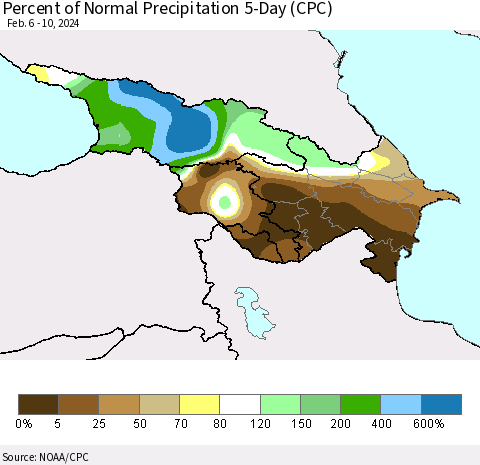 Azerbaijan, Armenia and Georgia Percent of Normal Precipitation 5-Day (CPC) Thematic Map For 2/6/2024 - 2/10/2024