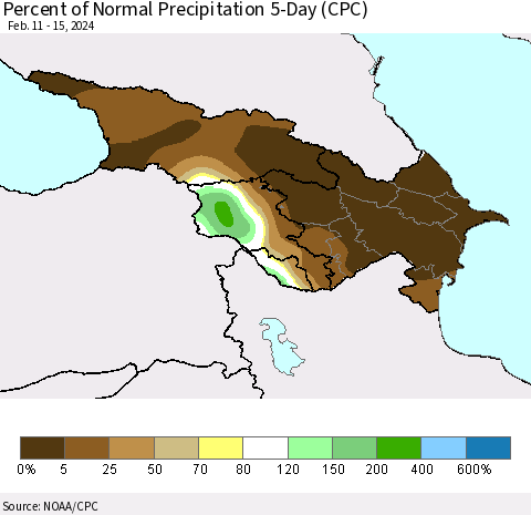 Azerbaijan, Armenia and Georgia Percent of Normal Precipitation 5-Day (CPC) Thematic Map For 2/11/2024 - 2/15/2024