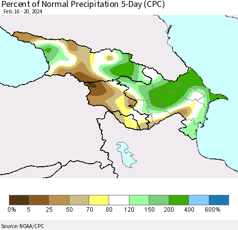 Azerbaijan, Armenia and Georgia Percent of Normal Precipitation 5-Day (CPC) Thematic Map For 2/16/2024 - 2/20/2024