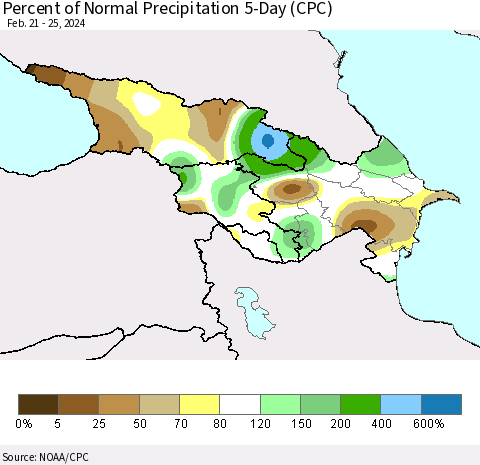 Azerbaijan, Armenia and Georgia Percent of Normal Precipitation 5-Day (CPC) Thematic Map For 2/21/2024 - 2/25/2024
